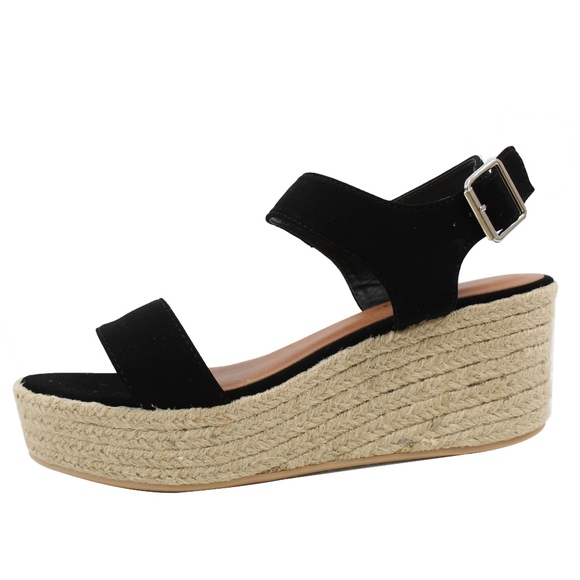 SIZE 6 Black Open Toe Ankle Strap Espadrille Wedge - Picture 2 of 6
